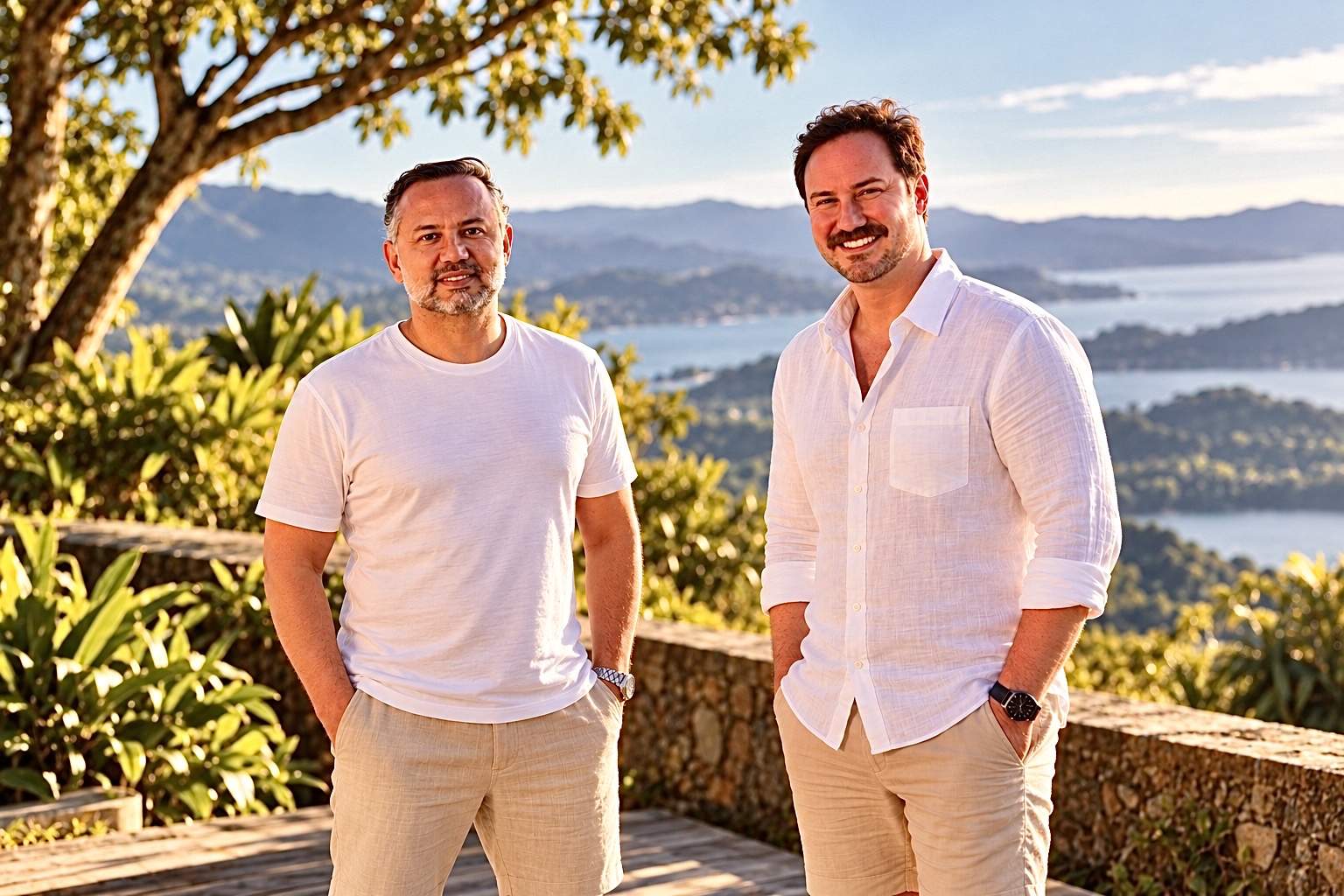 Rodrigo Kich e Edinaldo Castro, fundadores da Curadoria do Mundo, diante de uma paisagem costeira