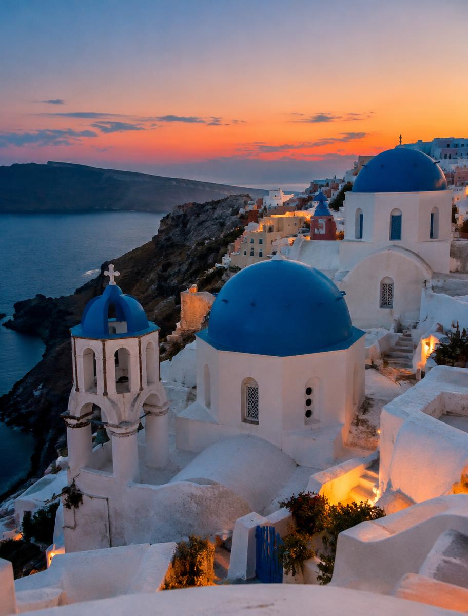 Igrejas de cúpulas azuis em Santorini ao anoitecer
