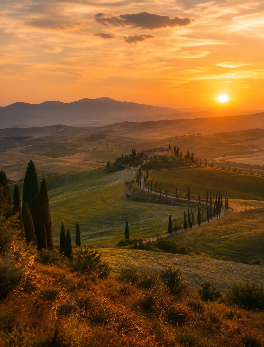 Colinas da Toscana com ciprestes ao pôr do sol